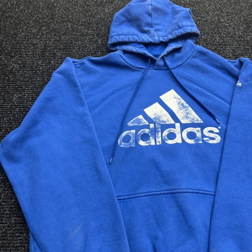 Adidas Hoodie Mens 2XL Blue Pullover Distressed Logo Fleece Sweatshirt RN119208